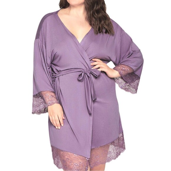 Plus Modal Robe Womens 2X 3X Purple with Lace Trim Lingerie - Picture 8 of 11